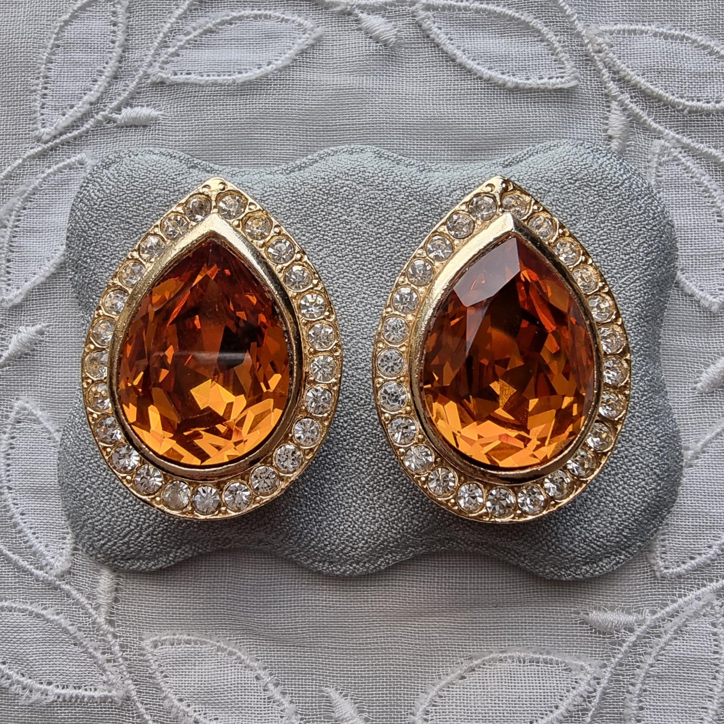 Clip on - Yellow Orange and Clear Crystals Clip On Earrings
