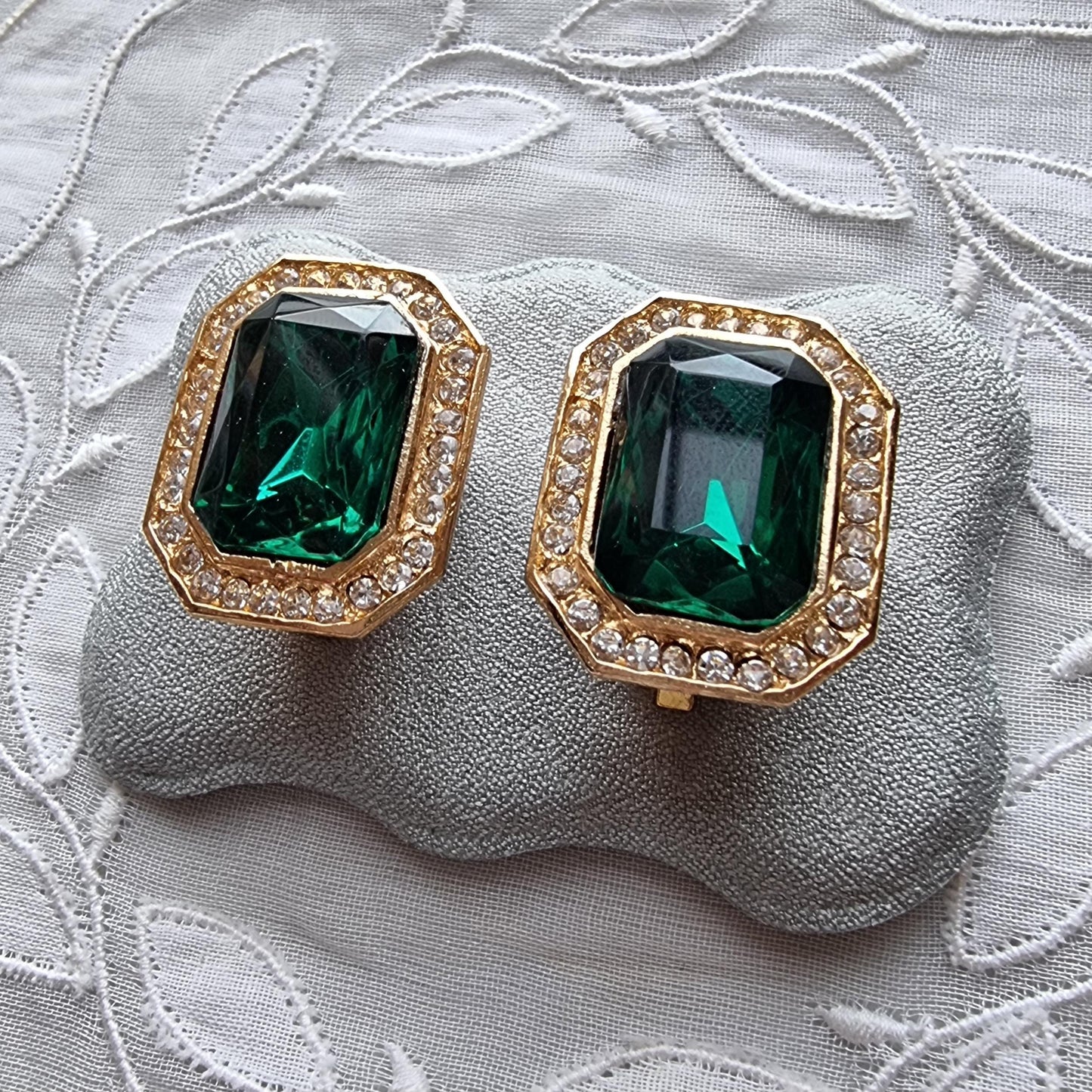 Clip on - Octagonal Green and Clear Crystals Clip On Earrings