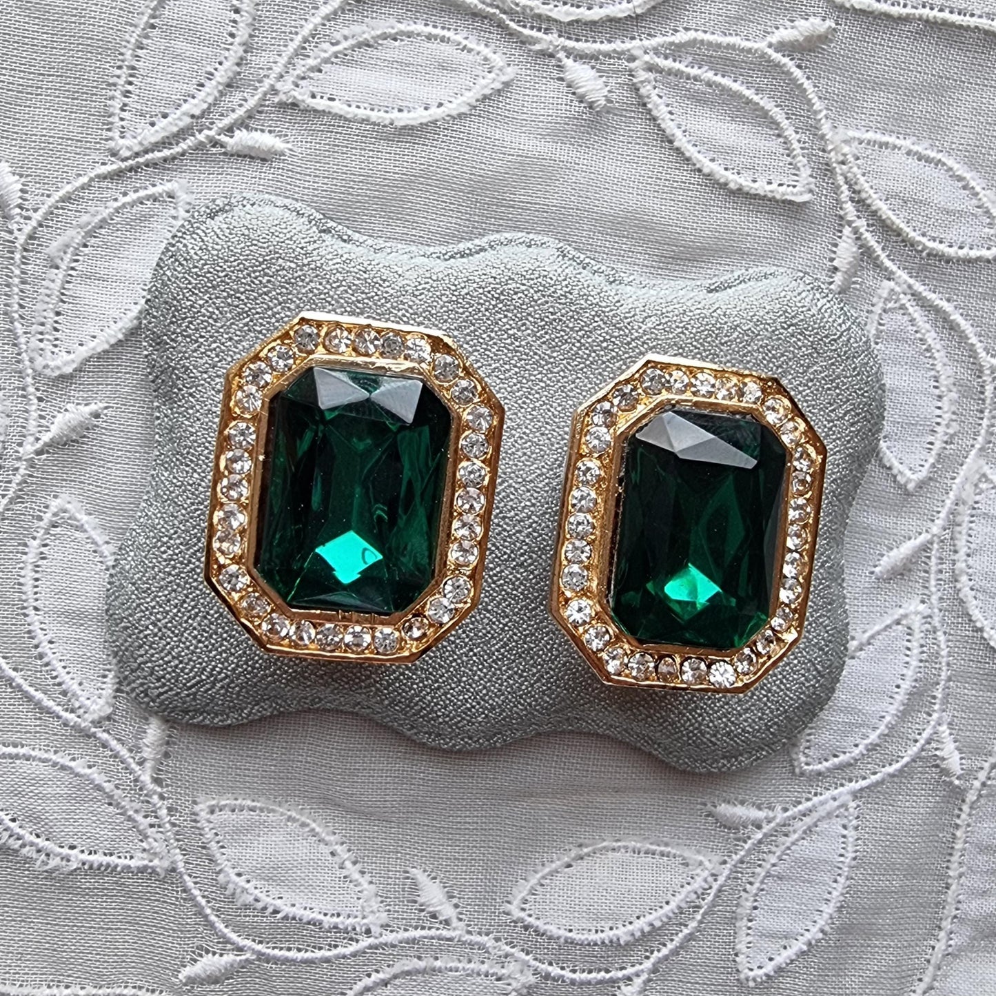 Clip on - Octagonal Green and Clear Crystals Clip On Earrings