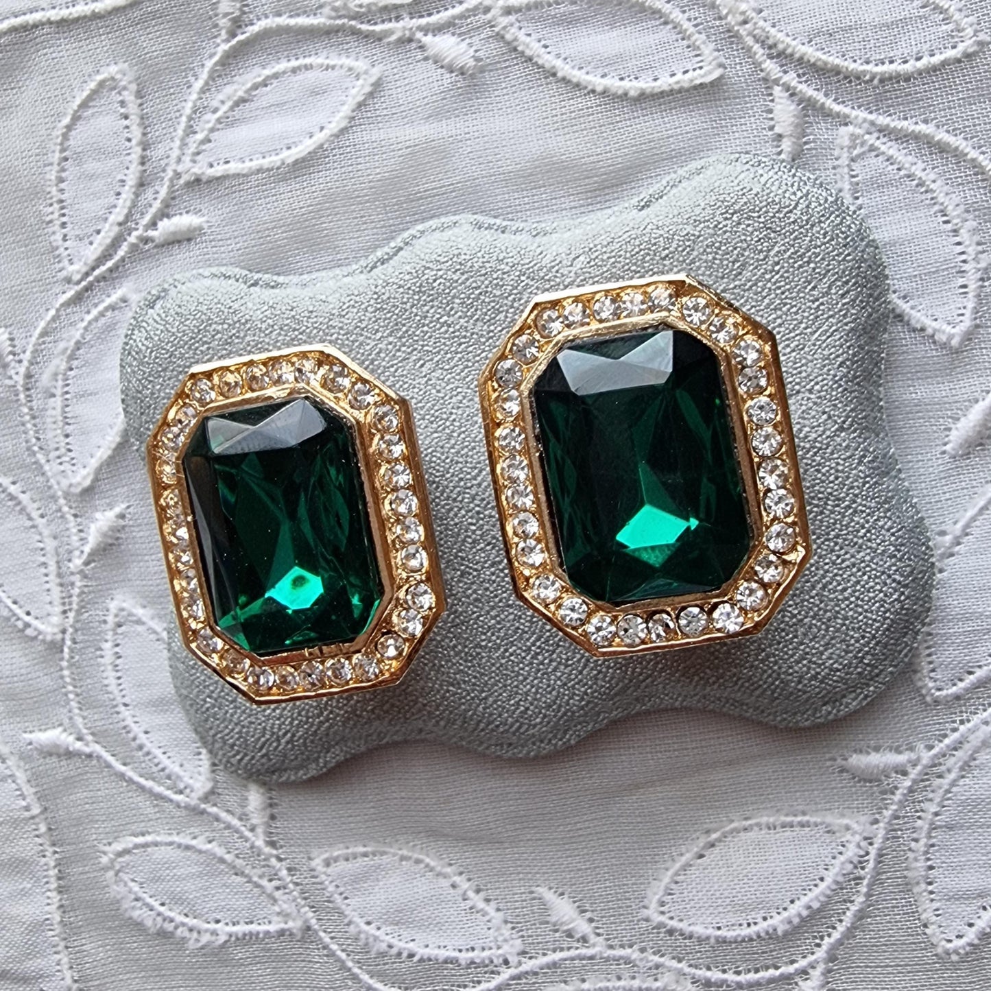 Clip on - Octagonal Green and Clear Crystals Clip On Earrings