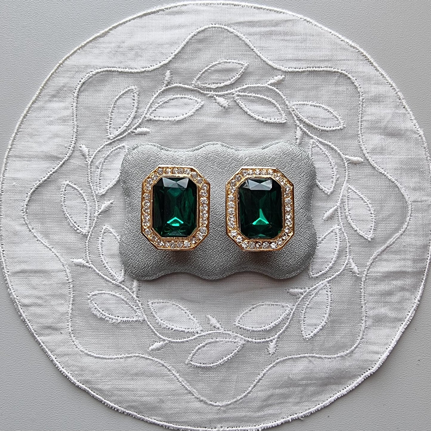 Clip on - Octagonal Green and Clear Crystals Clip On Earrings