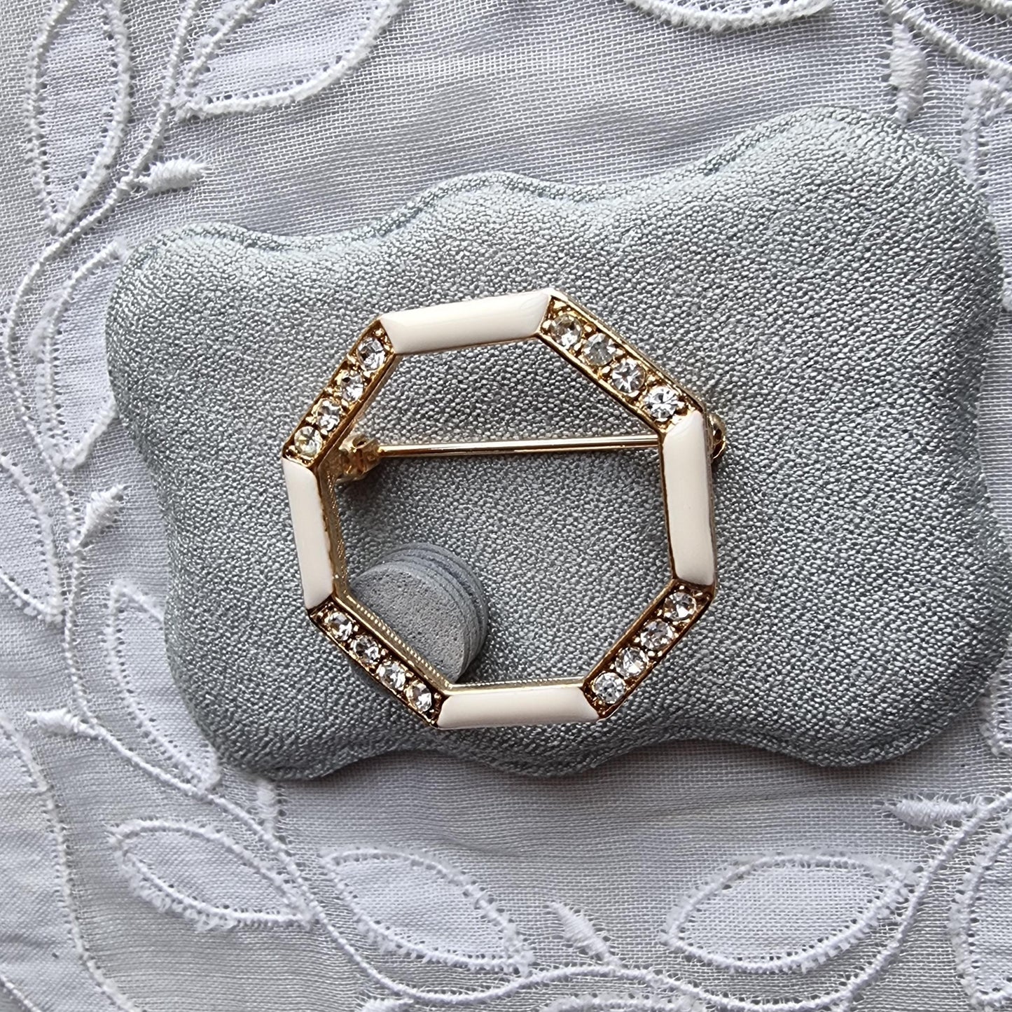 Brooch - White Enamel and Crystals Octagonal Brooch