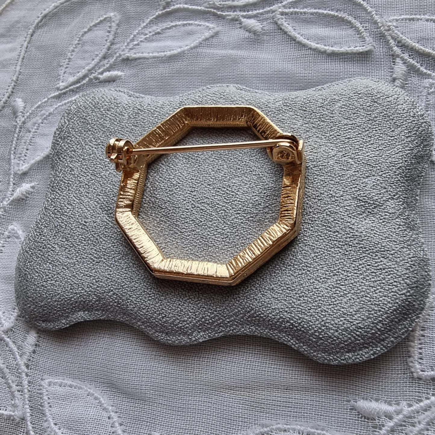 Brooch - White Enamel and Crystals Octagonal Brooch