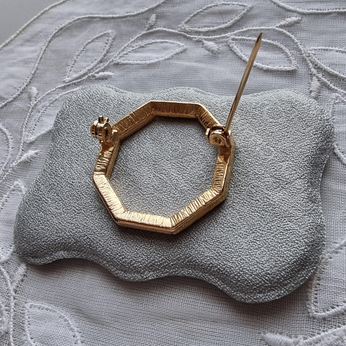 Brooch - White Enamel and Crystals Octagonal Brooch