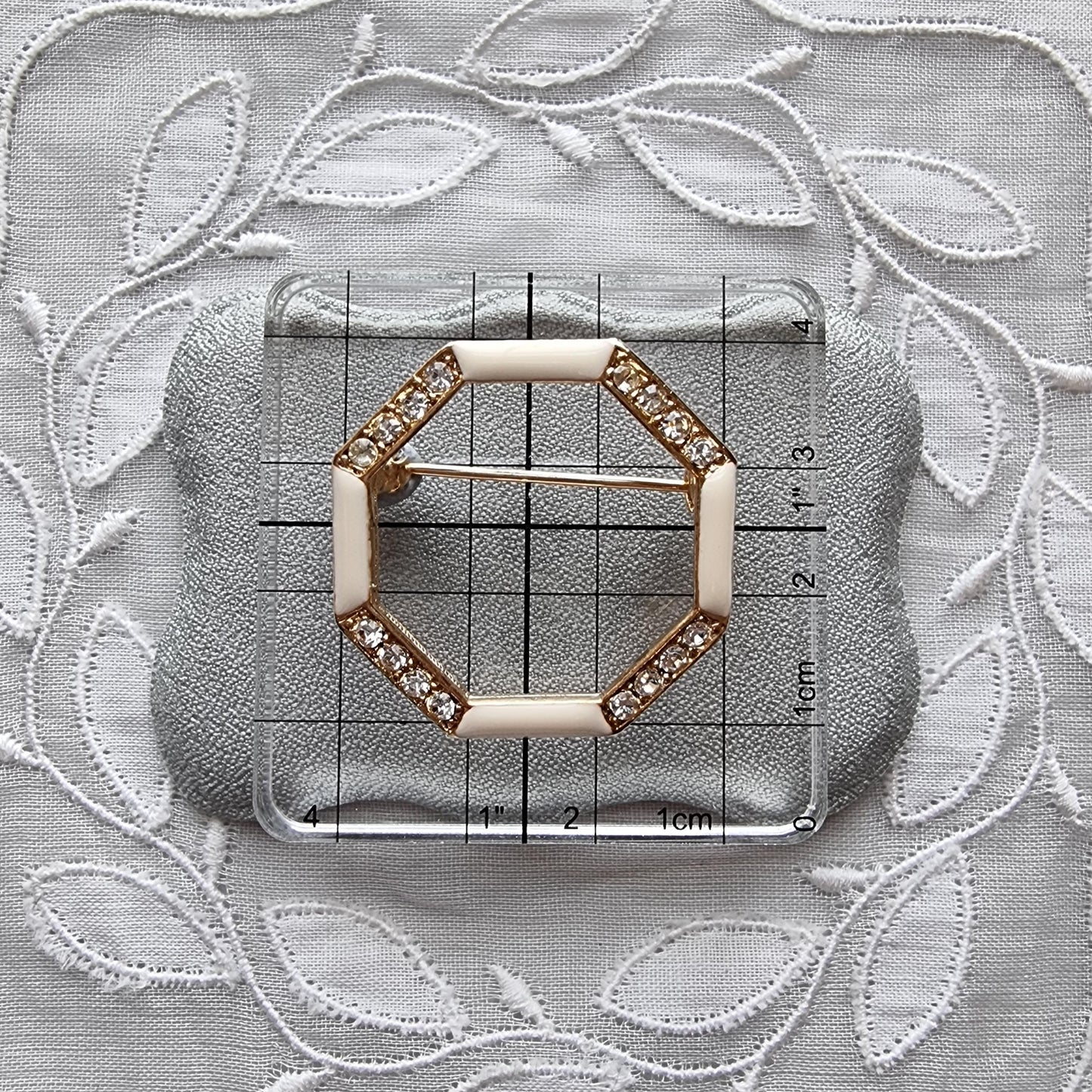 Brooch - White Enamel and Crystals Octagonal Brooch