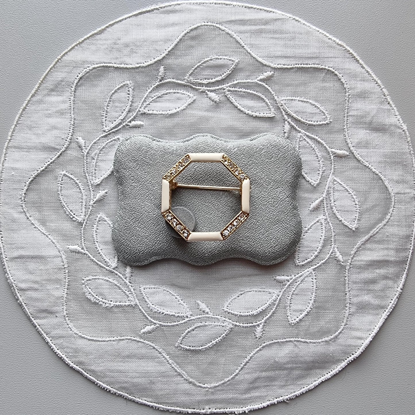 Brooch - White Enamel and Crystals Octagonal Brooch