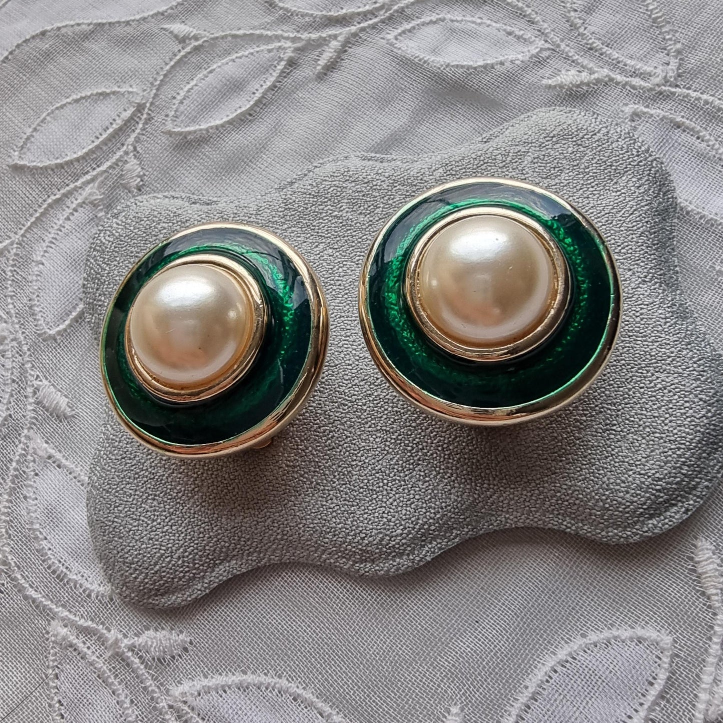Clip on - Faux Pearl and Green Enamel Clip On Earrings