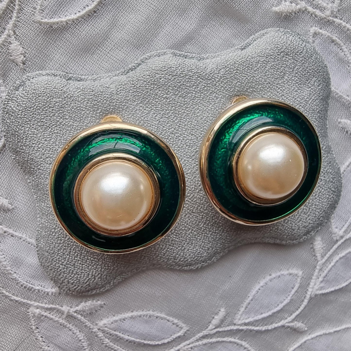 Clip on - Faux Pearl and Green Enamel Clip On Earrings