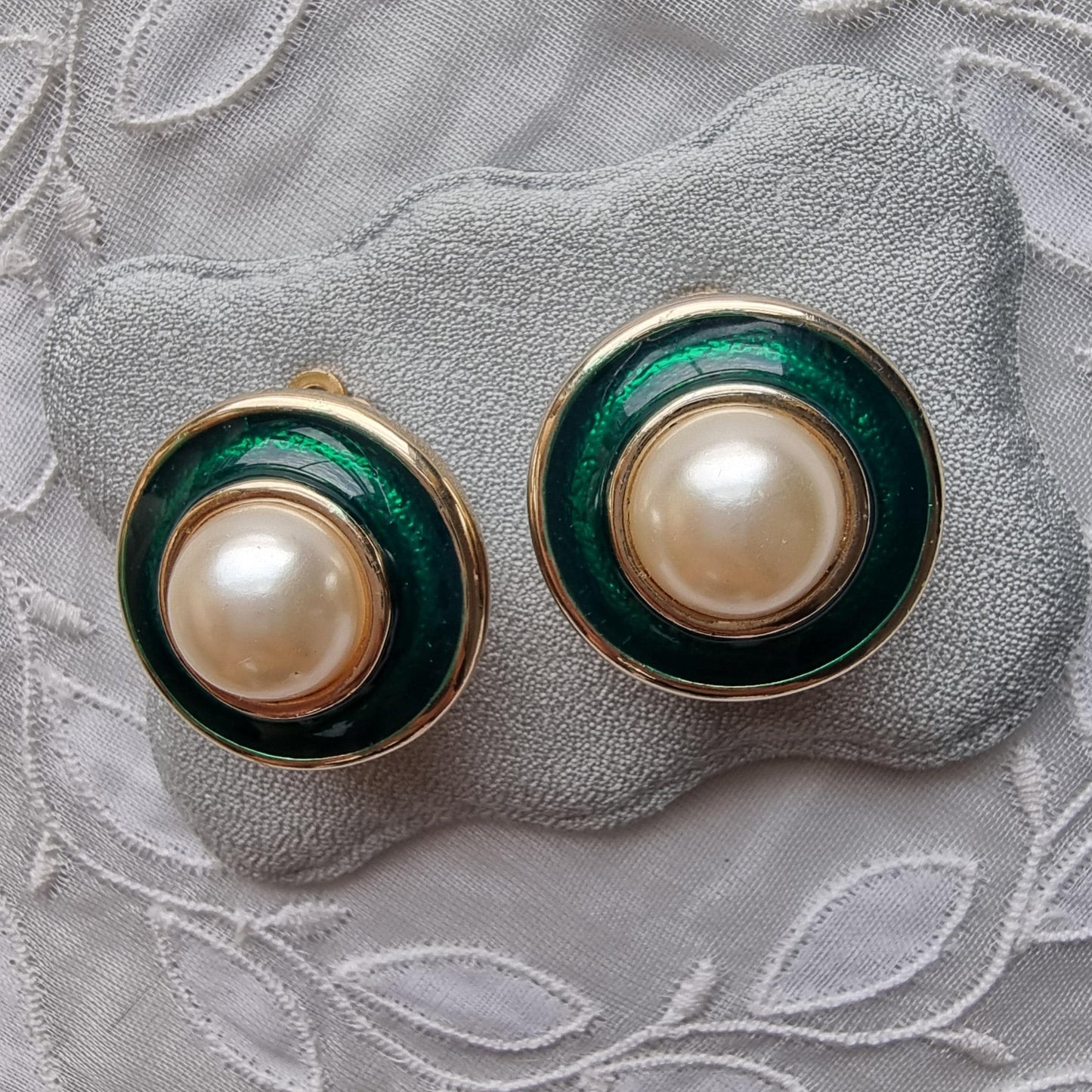 Clip on - Faux Pearl and Green Enamel Clip On Earrings
