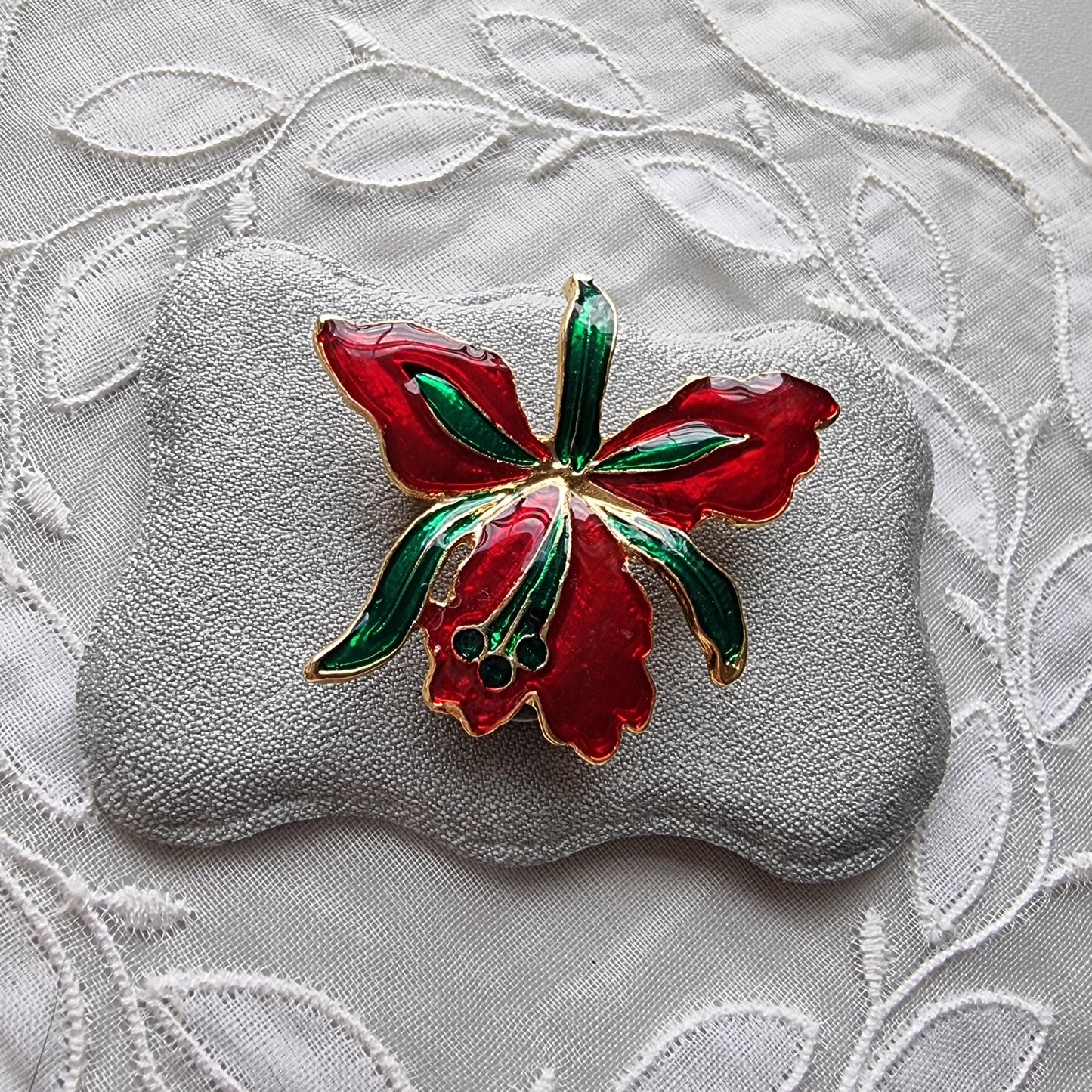 Brooch - Red and Greeen Enamel Flower Brooch