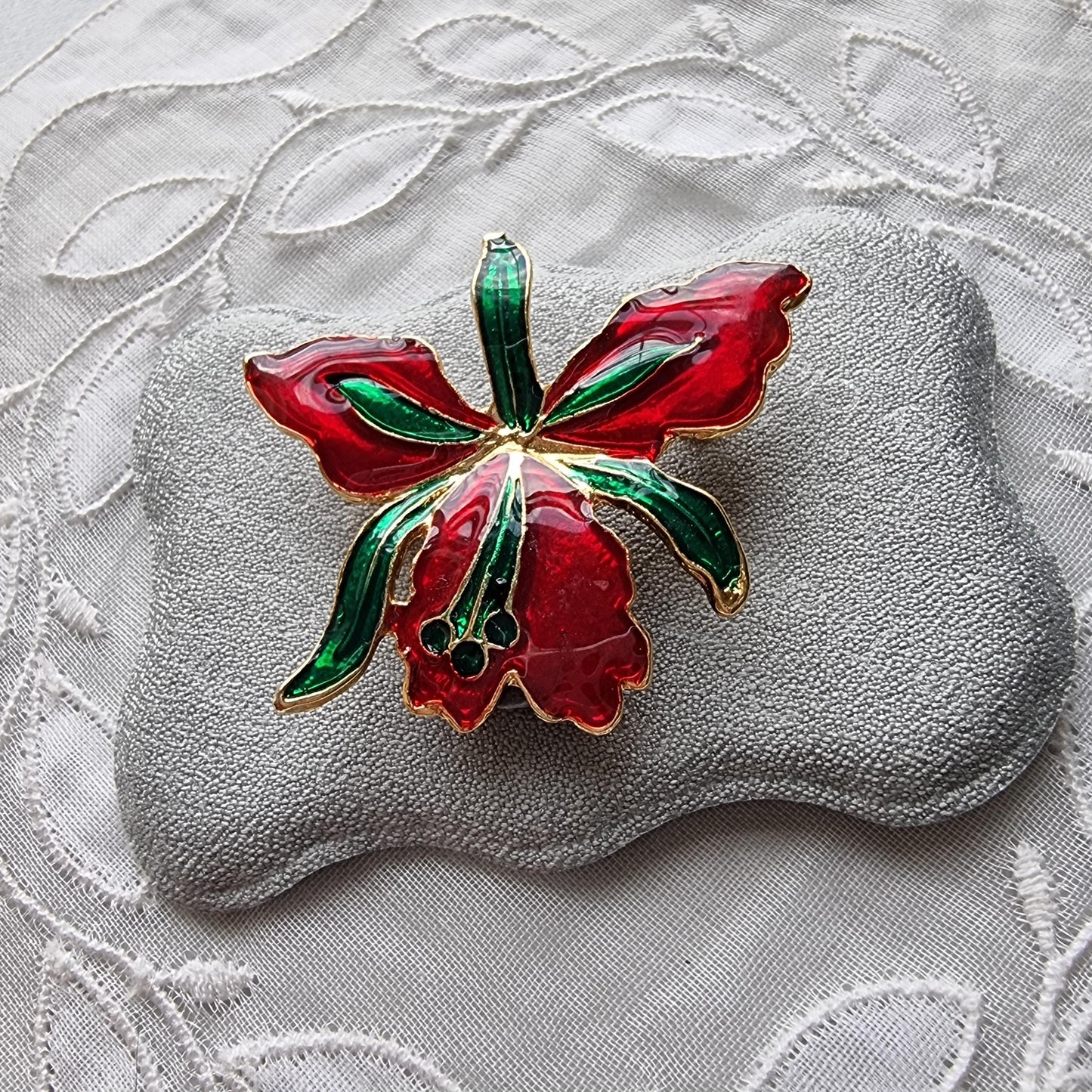 Brooch - Red and Greeen Enamel Flower Brooch