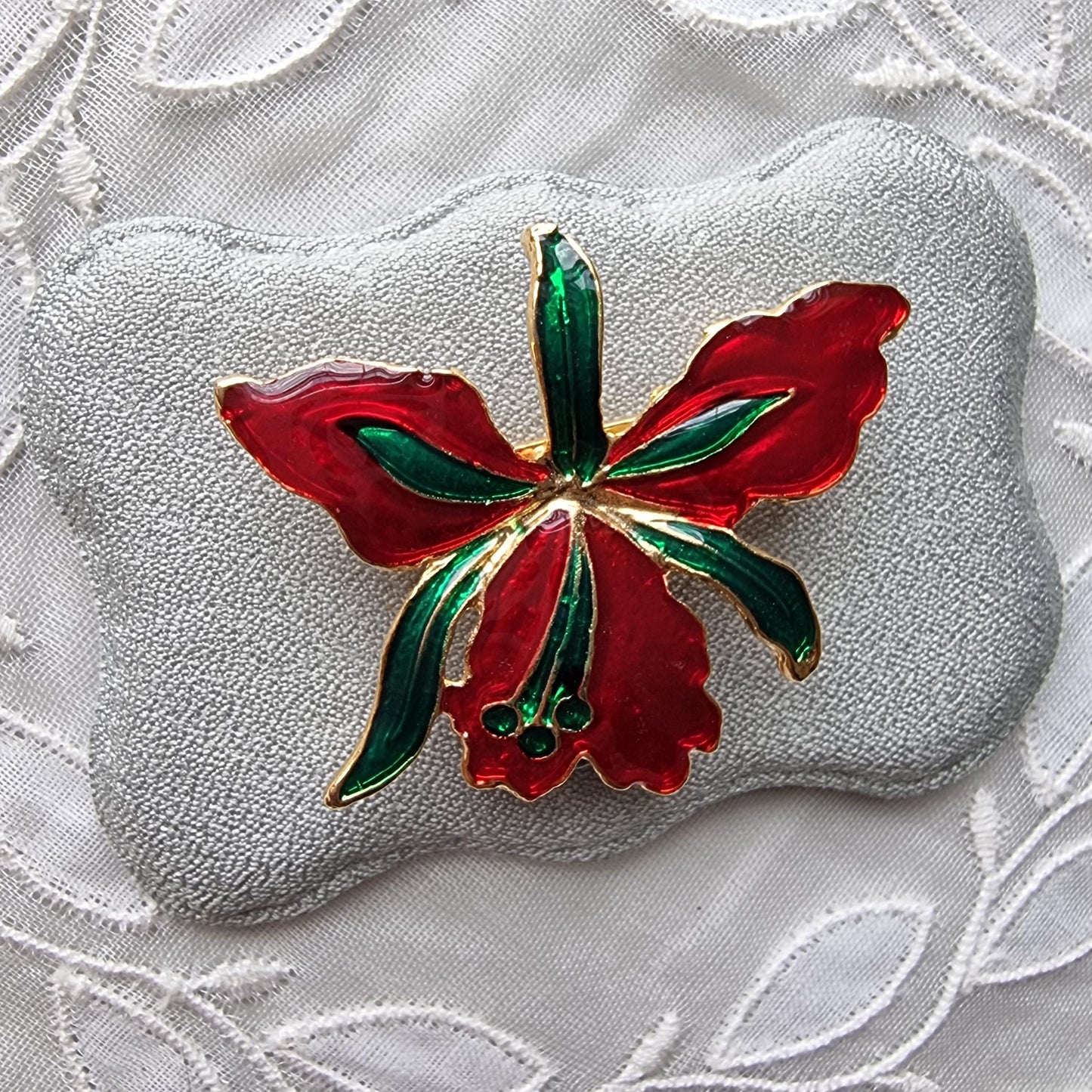 Brooch - Red and Greeen Enamel Flower Brooch