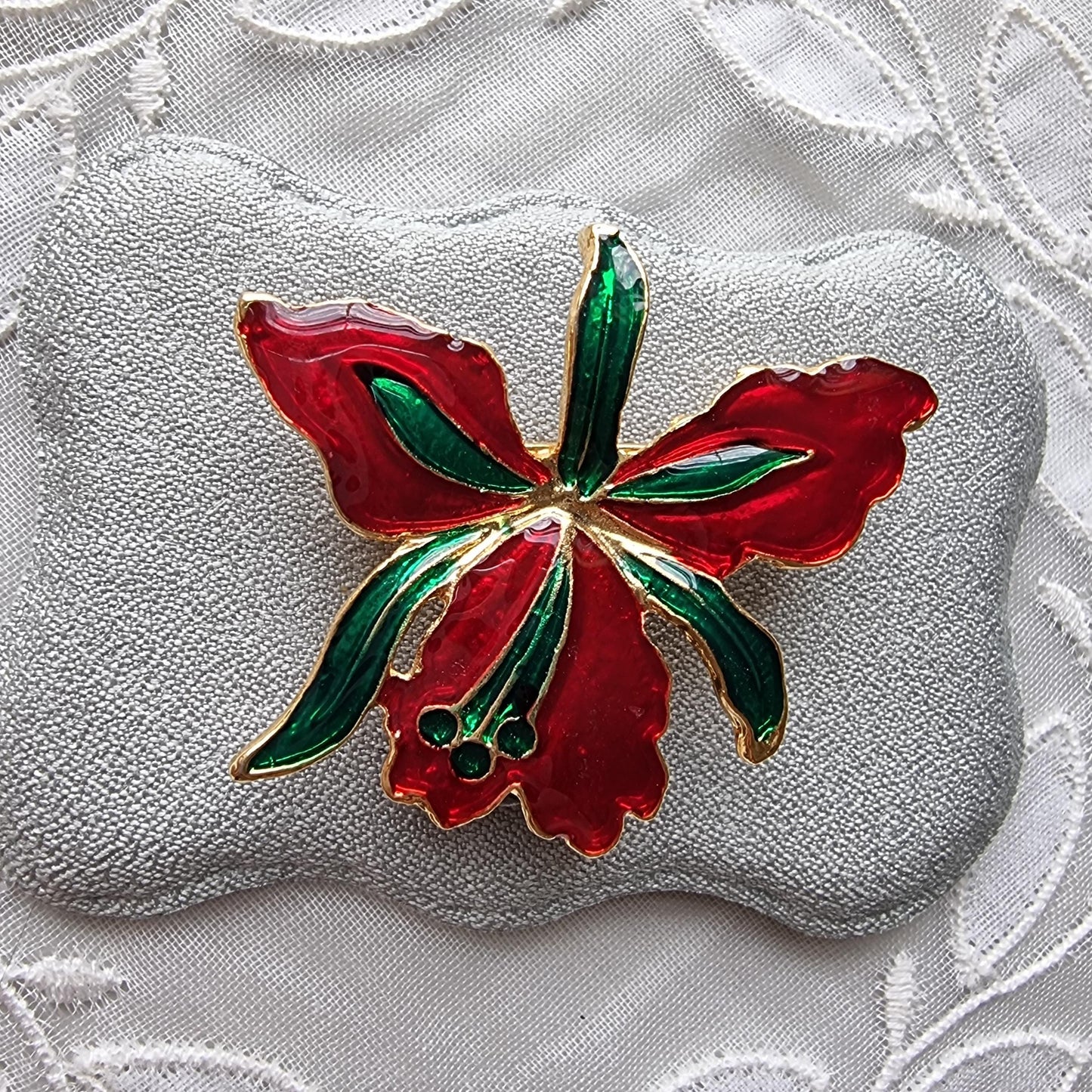 Brooch - Red and Greeen Enamel Flower Brooch