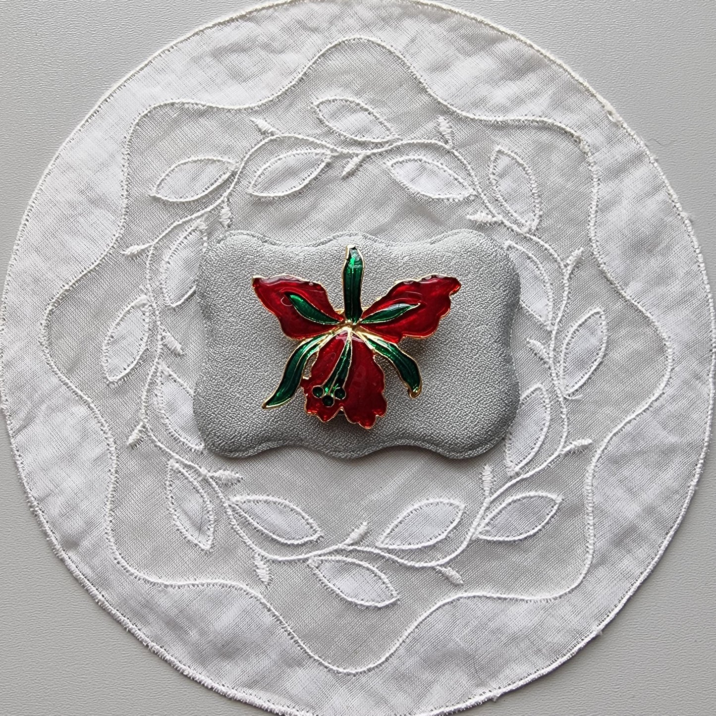 Brooch - Red and Greeen Enamel Flower Brooch