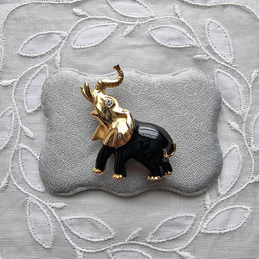 Brooch - Gold and Black Enamel Elephants Brooch