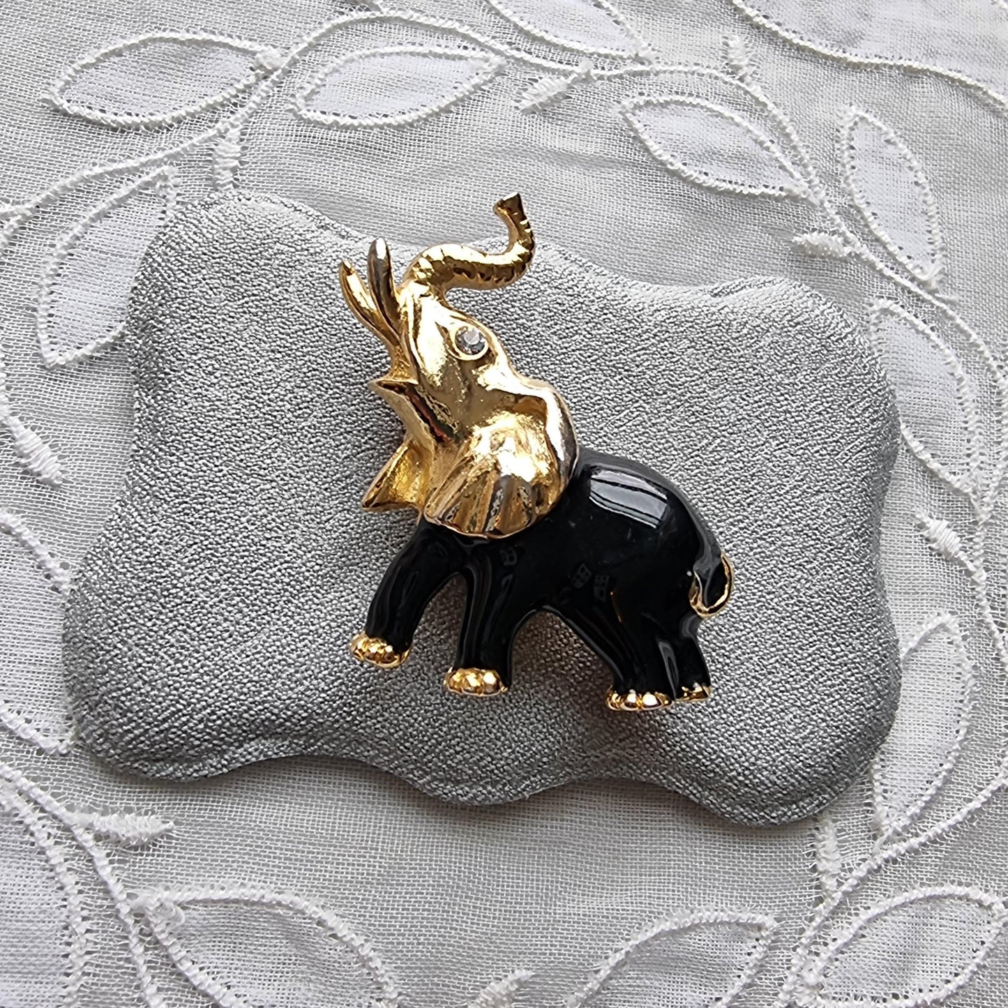 Brooch - Gold and Black Enamel Elephants Brooch