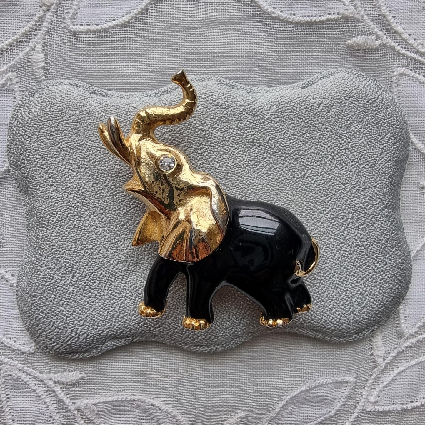 Brooch - Gold and Black Enamel Elephants Brooch
