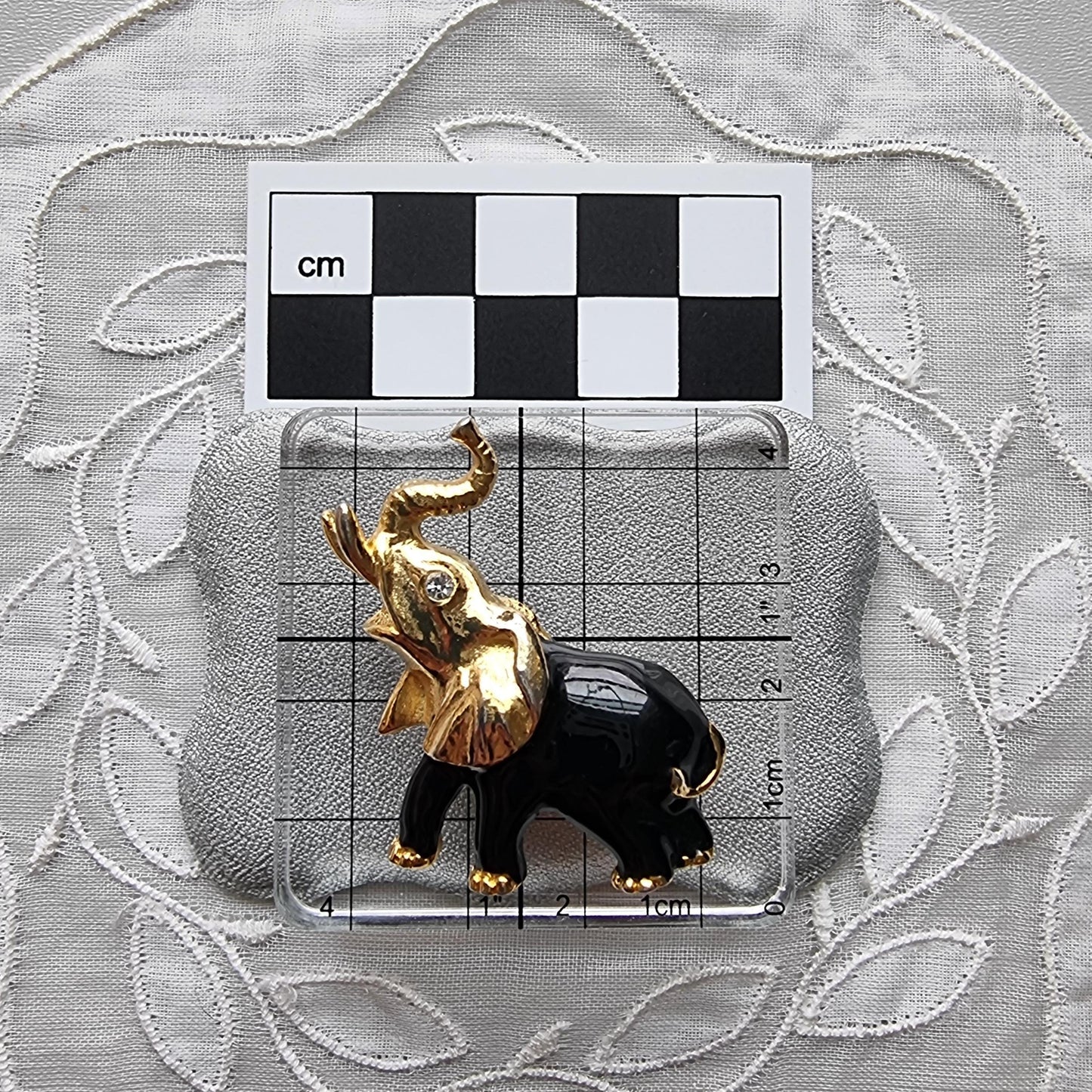 Brooch - Gold and Black Enamel Elephants Brooch