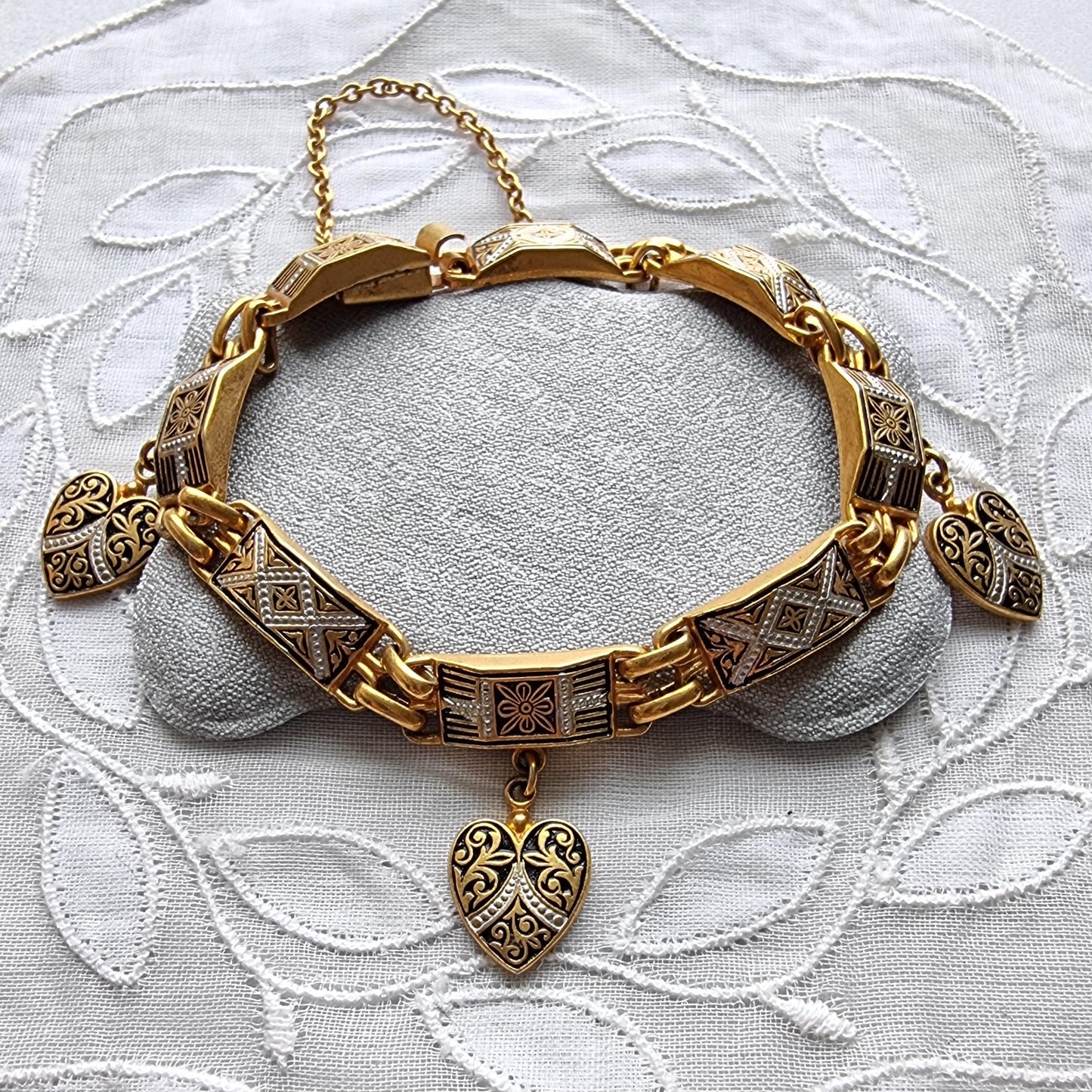 Bracelet - Square Black Panel Link Heart Charm Damascene Bracelet