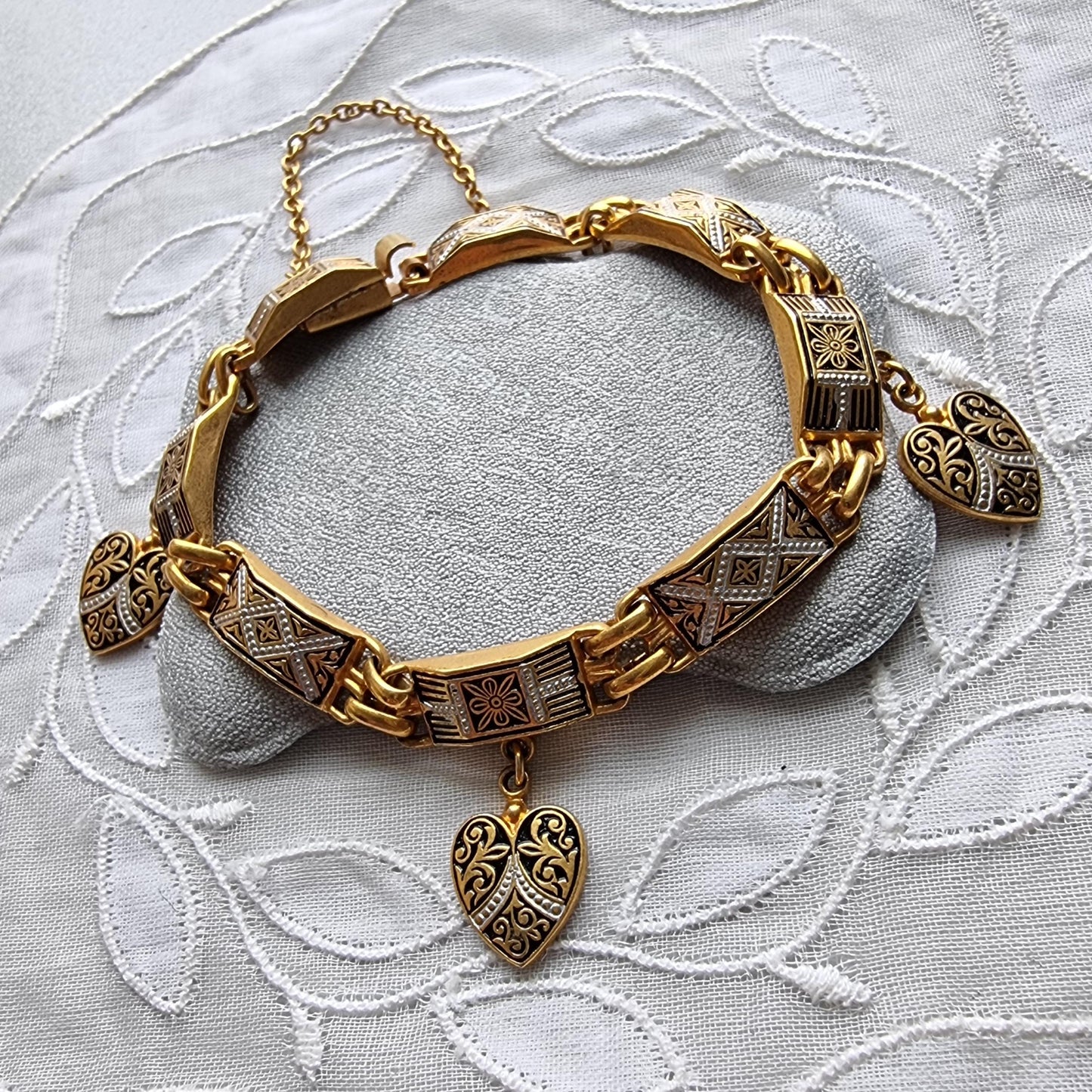 Bracelet - Square Black Panel Link Heart Charm Damascene Bracelet