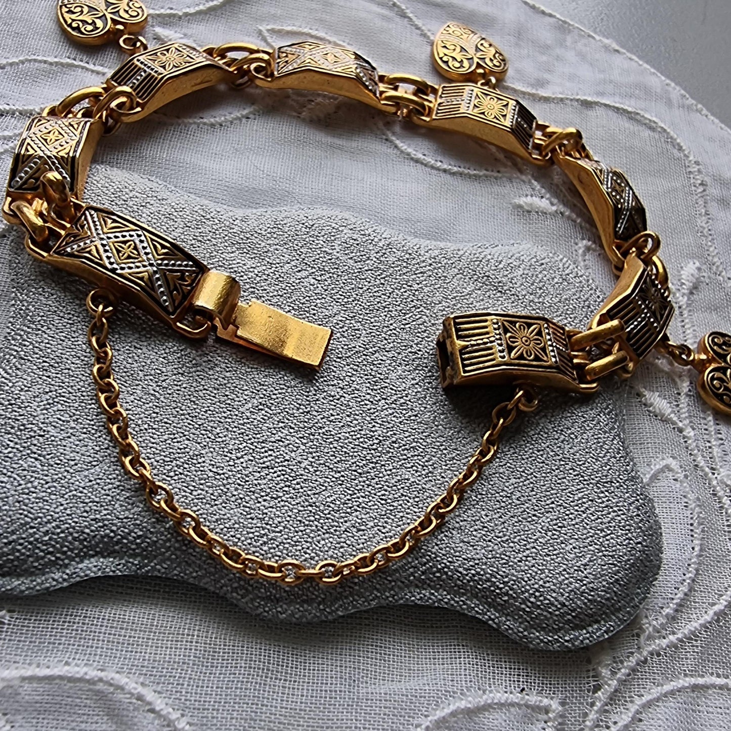 Bracelet - Square Black Panel Link Heart Charm Damascene Bracelet