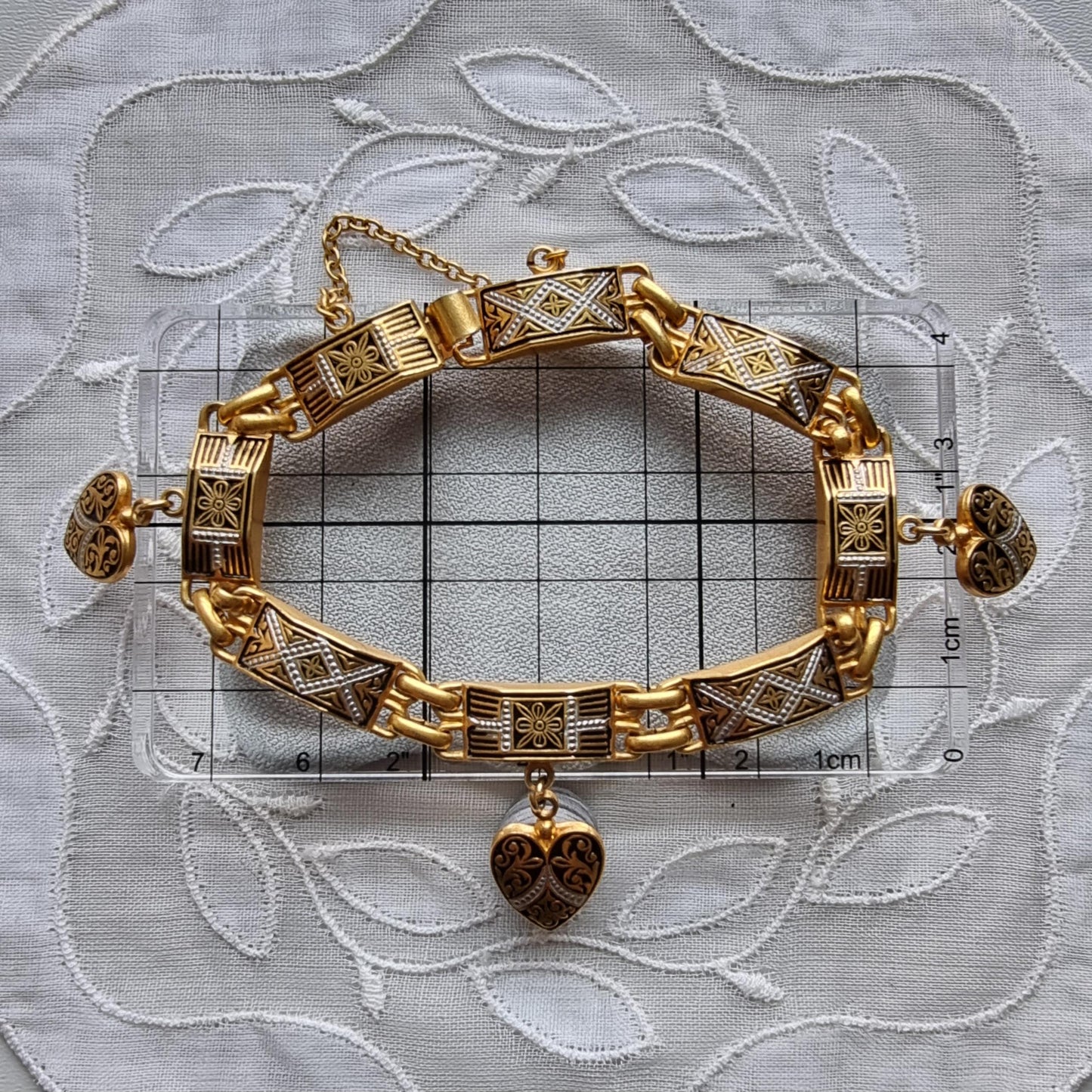 Bracelet - Square Black Panel Link Heart Charm Damascene Bracelet