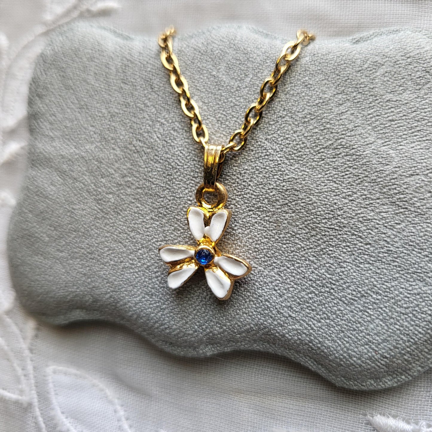 Necklace - White Enamel Blue Crystal Flower Pendant Necklace