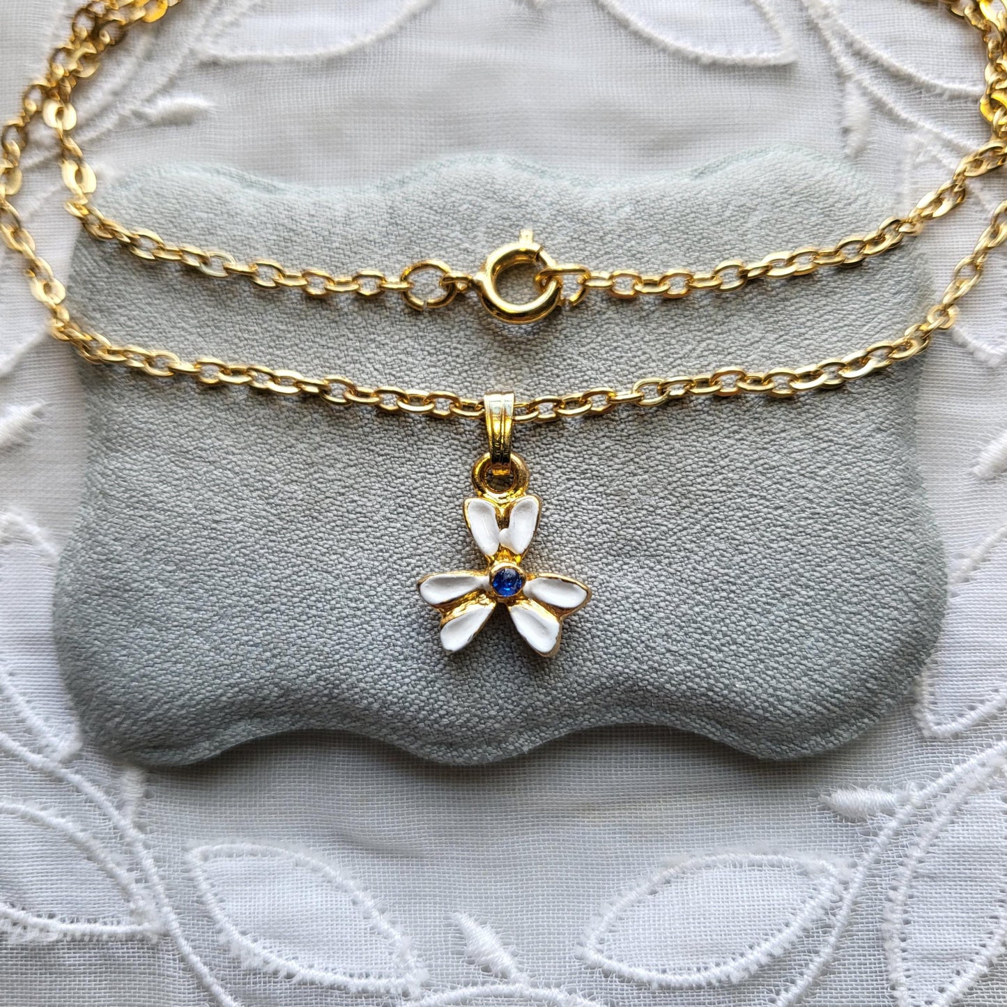Necklace - White Enamel Blue Crystal Flower Pendant Necklace