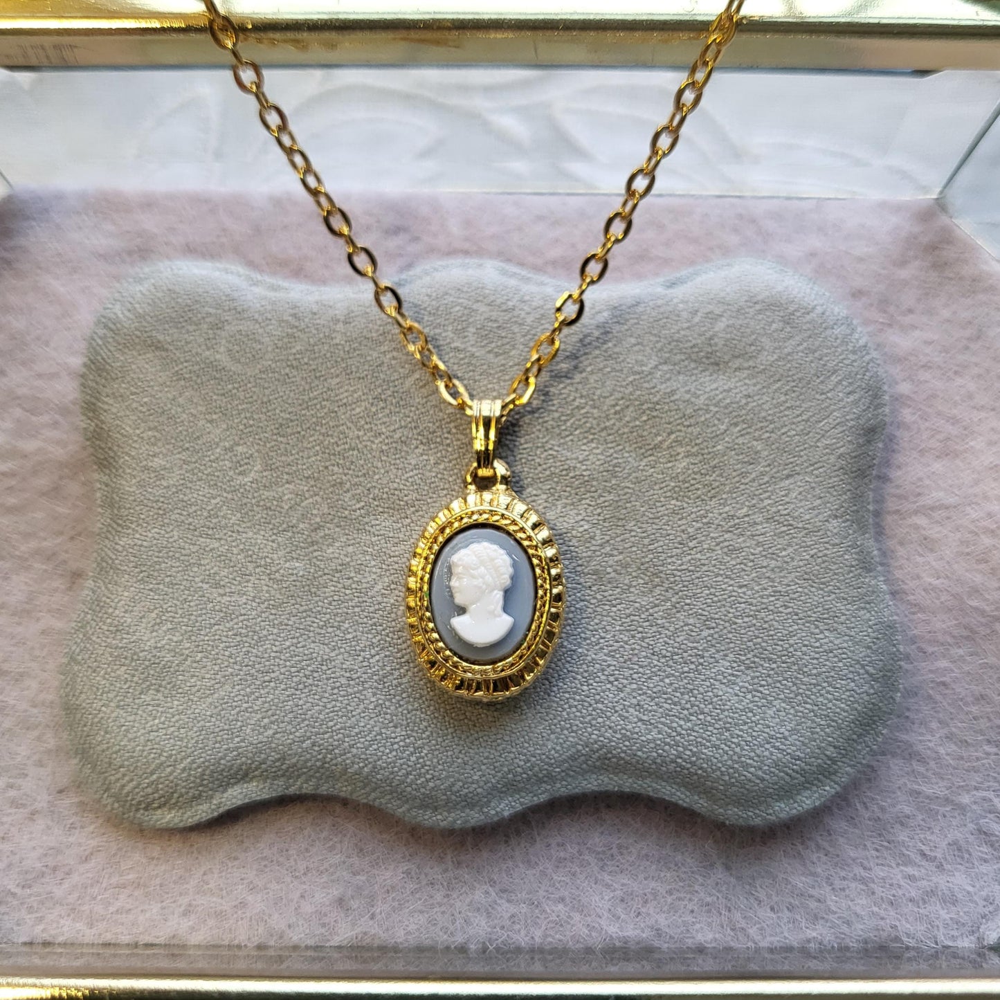 Necklace - Light Blue and White Cameo Pendant Necklace