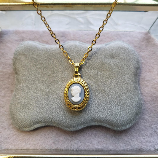 Necklace - Light Blue and White Cameo Pendant Necklace