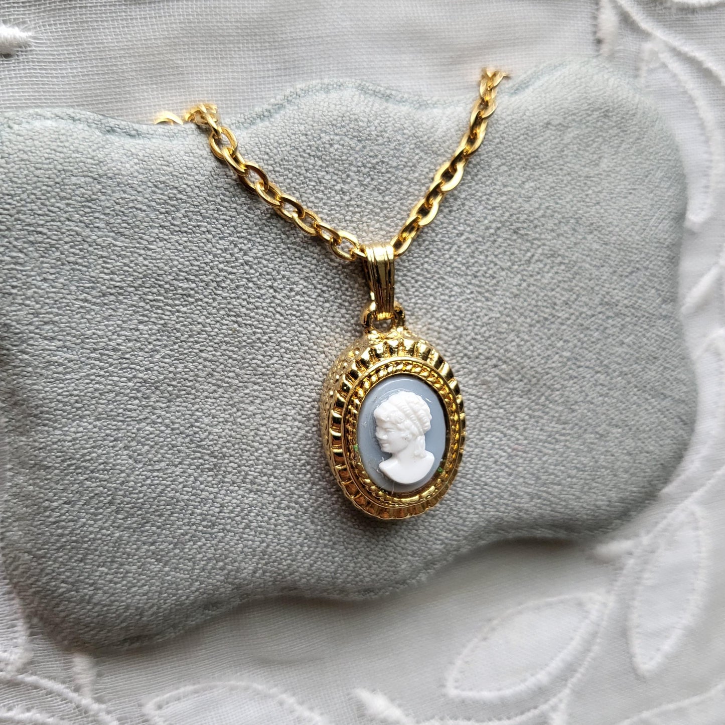 Necklace - Light Blue and White Cameo Pendant Necklace