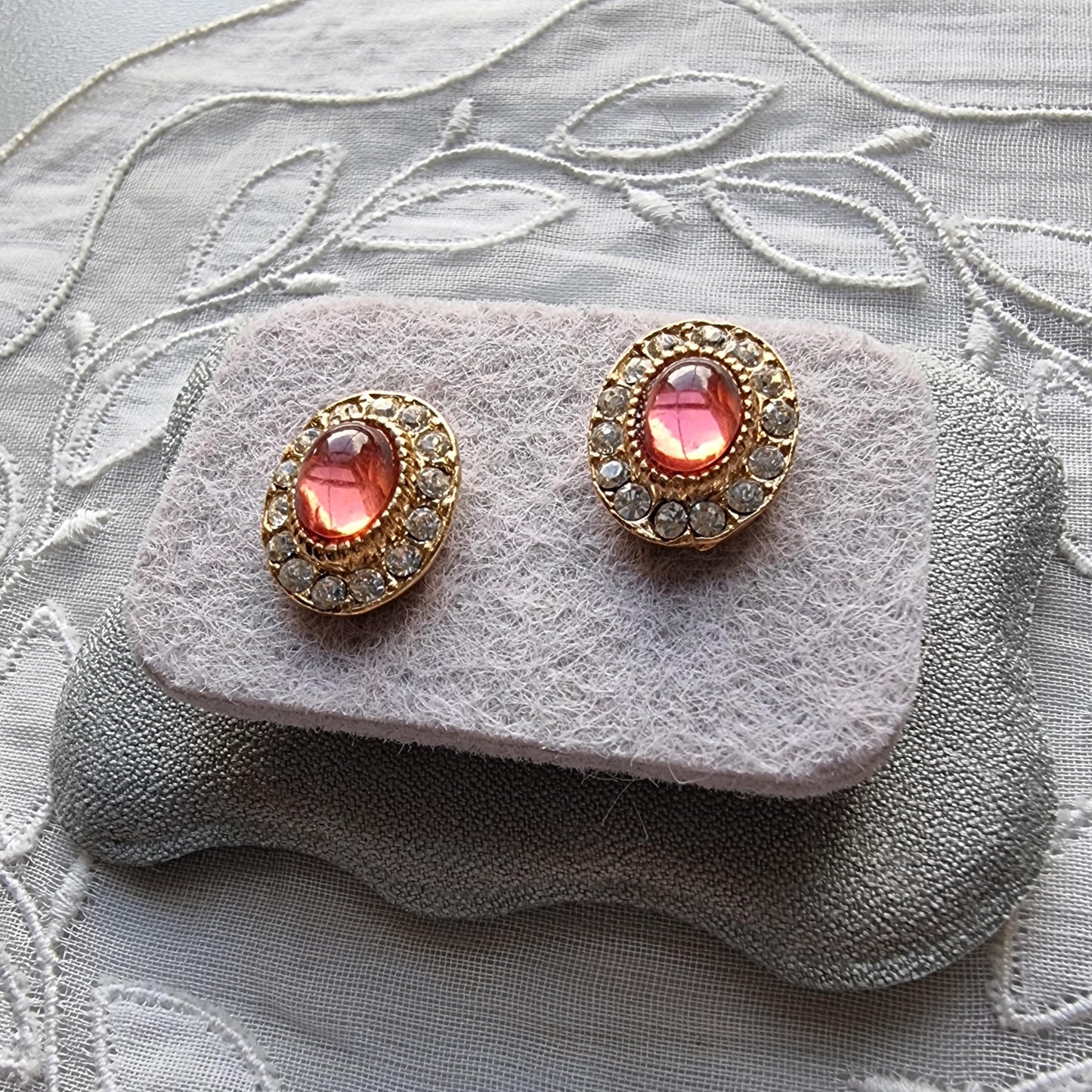 Posts - Pink Cabochon and Crystal Halo Stud Earrings
