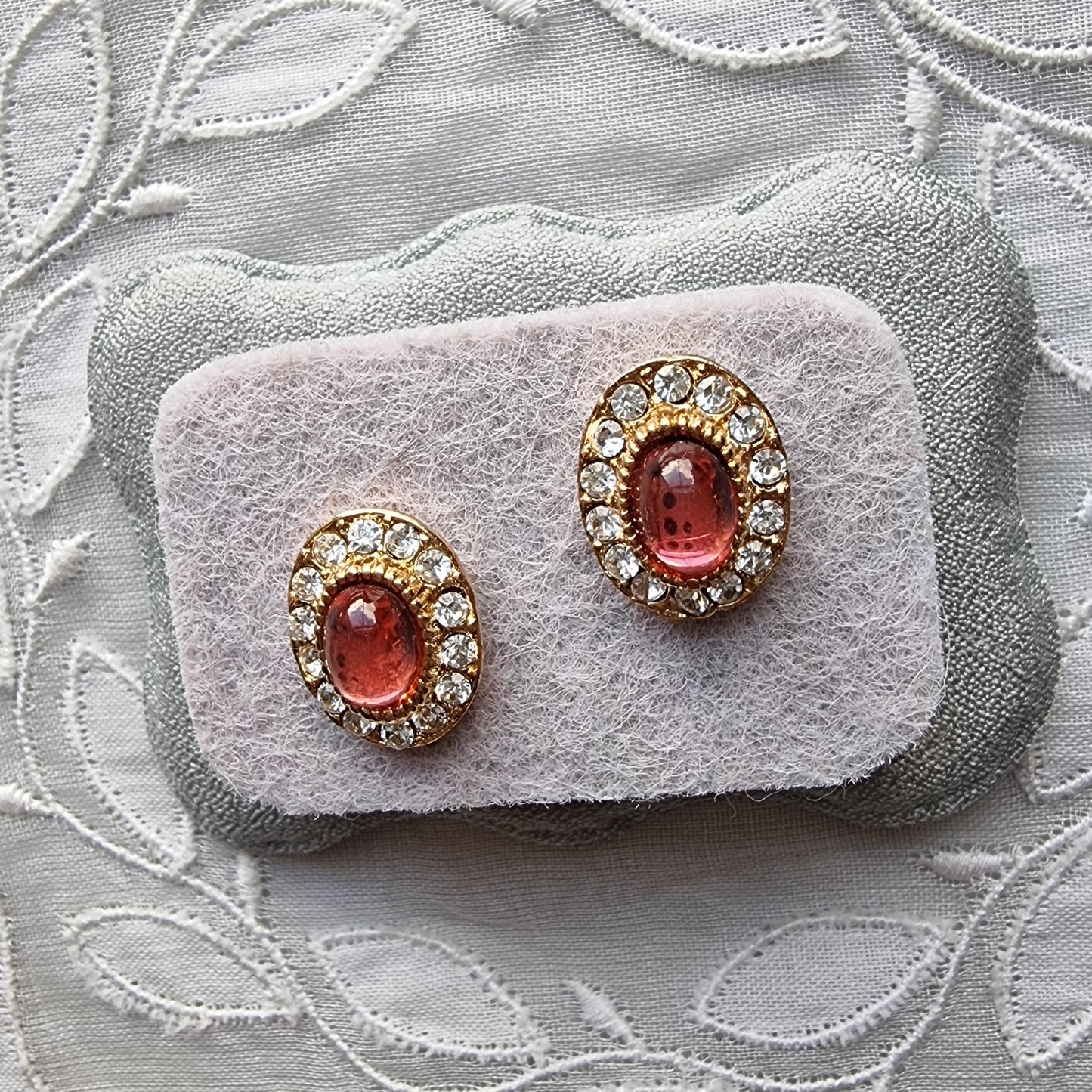 Posts - Pink Cabochon and Crystal Halo Stud Earrings