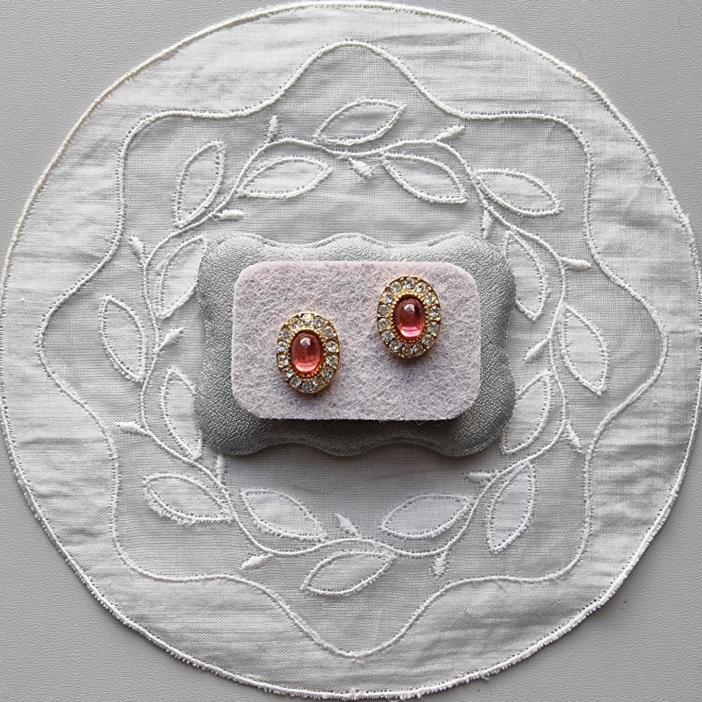 Posts - Pink Cabochon and Crystal Halo Stud Earrings