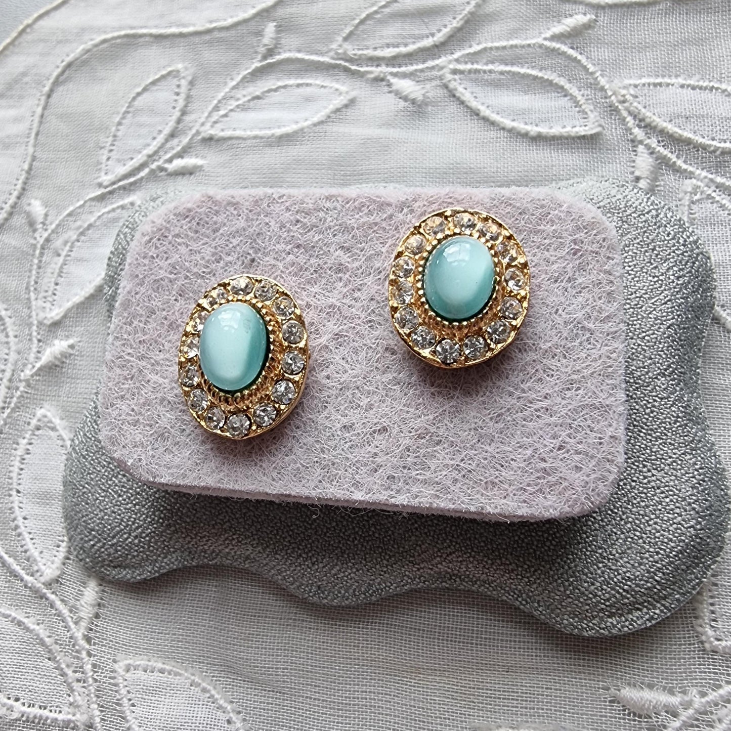 Posts - Light Blue Cat&#39;s Eye and Crystal Halo Stud Earrings