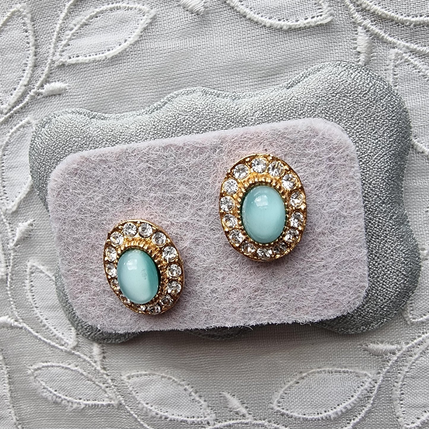 Posts - Light Blue Cat&#39;s Eye and Crystal Halo Stud Earrings