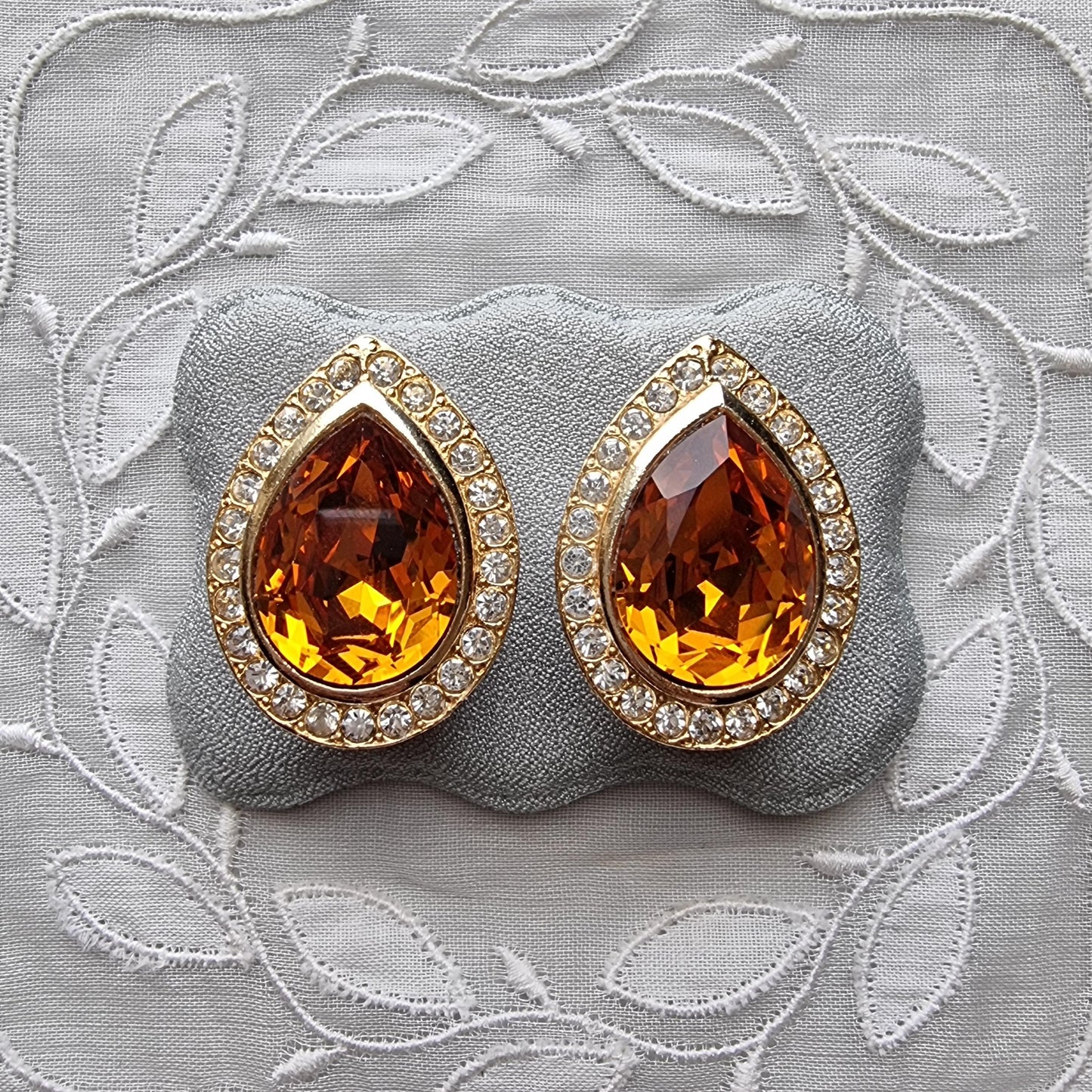 Clip on - Yellow Orange and Clear Crystals Clip On Earrings