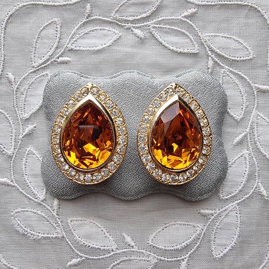 Clip on - Yellow Orange and Clear Crystals Clip On Earrings