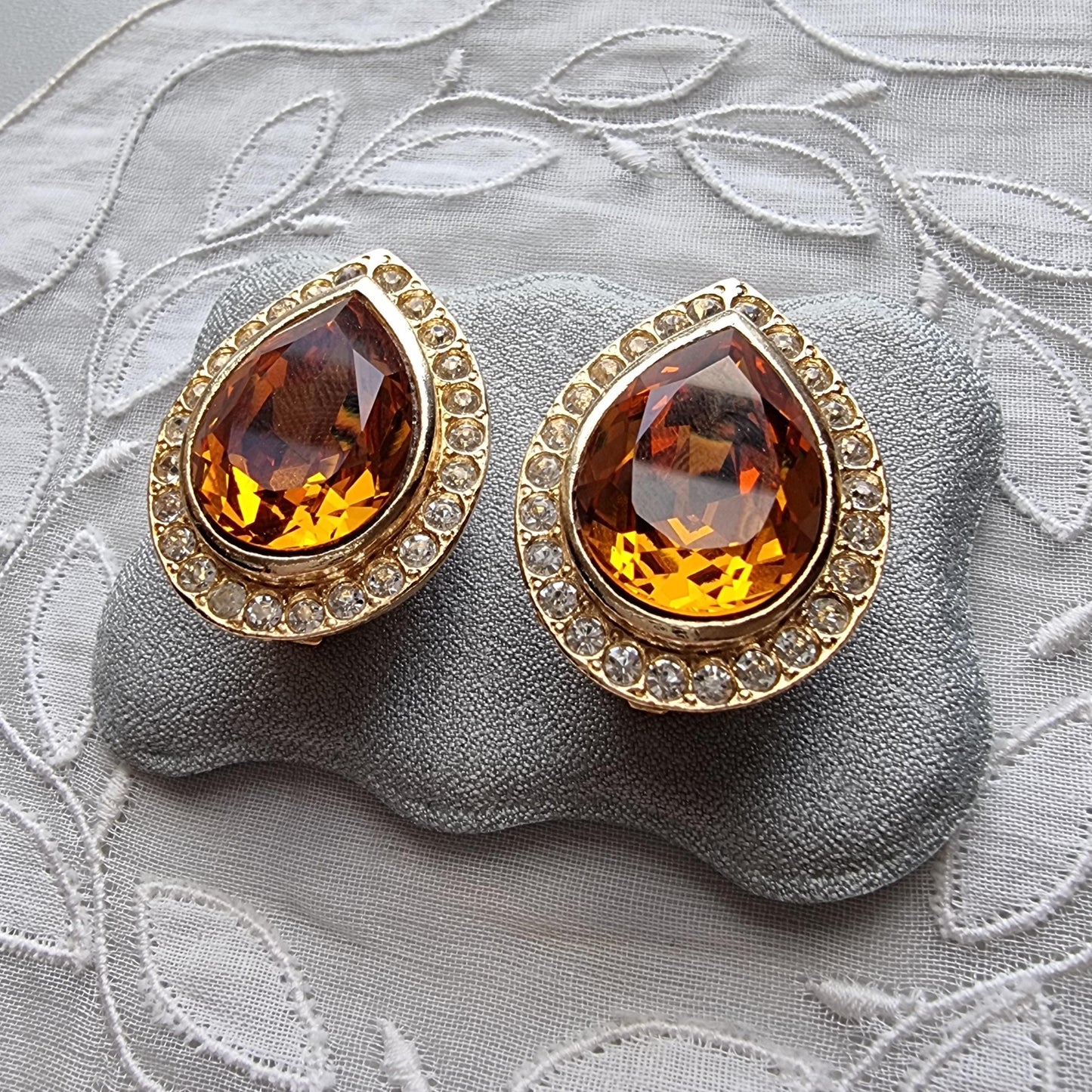 Clip on - Yellow Orange and Clear Crystals Clip On Earrings