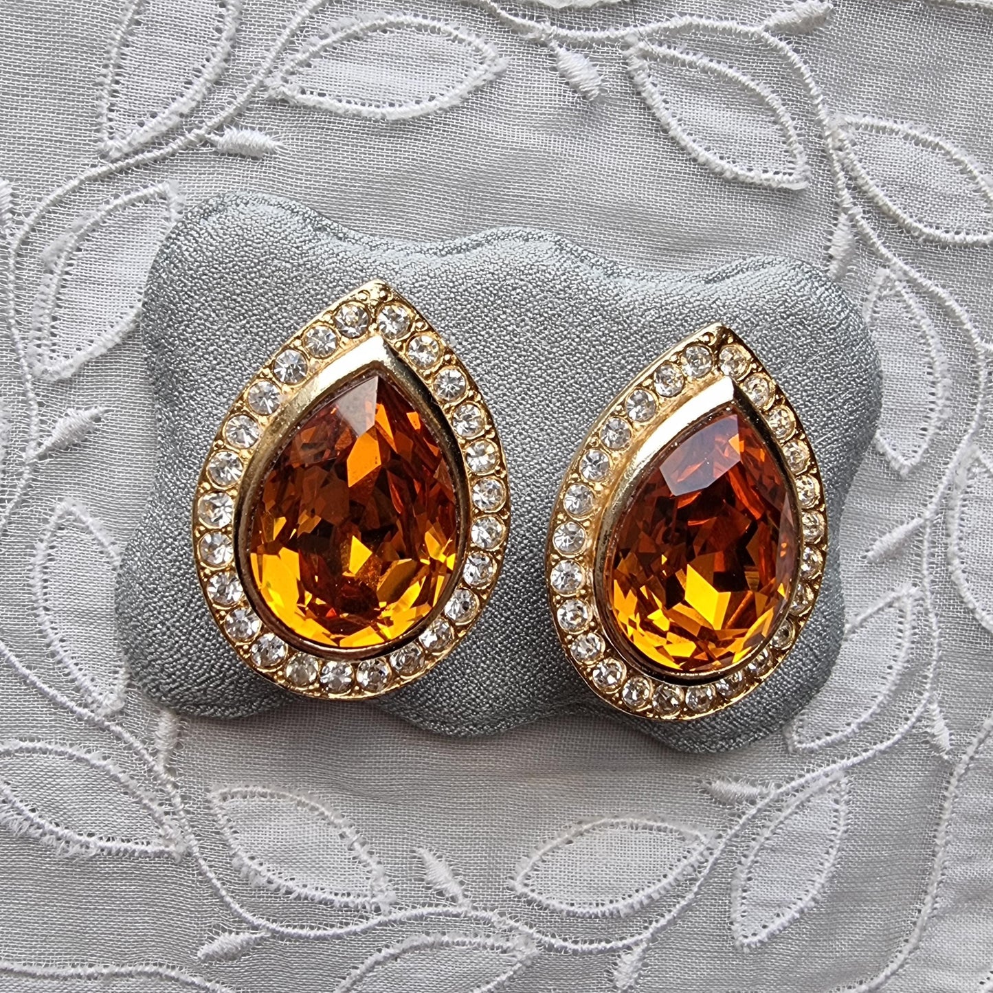 Clip on - Yellow Orange and Clear Crystals Clip On Earrings