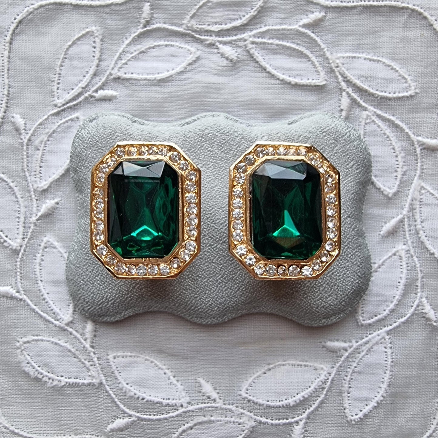 Clip on - Octagonal Green and Clear Crystals Clip On Earrings