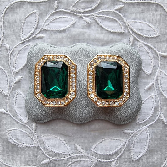 Clip on - Octagonal Green and Clear Crystals Clip On Earrings