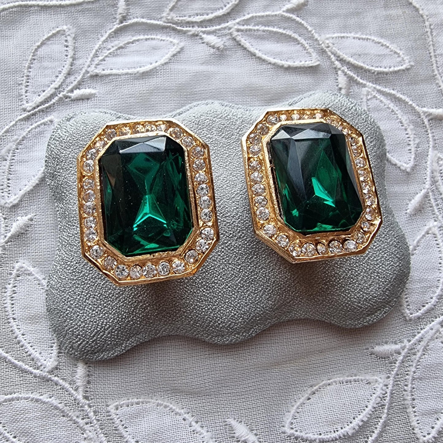 Clip on - Octagonal Green and Clear Crystals Clip On Earrings