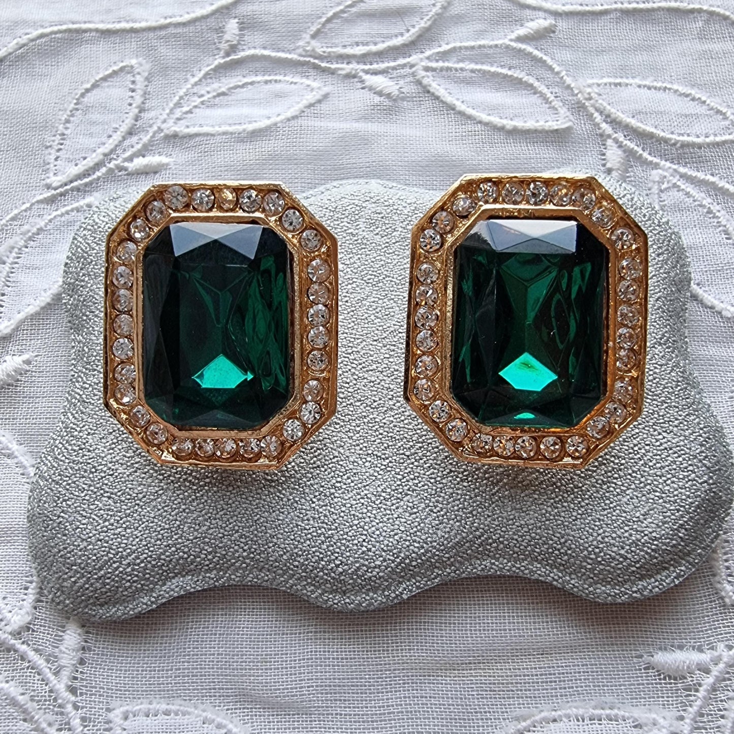 Clip on - Octagonal Green and Clear Crystals Clip On Earrings