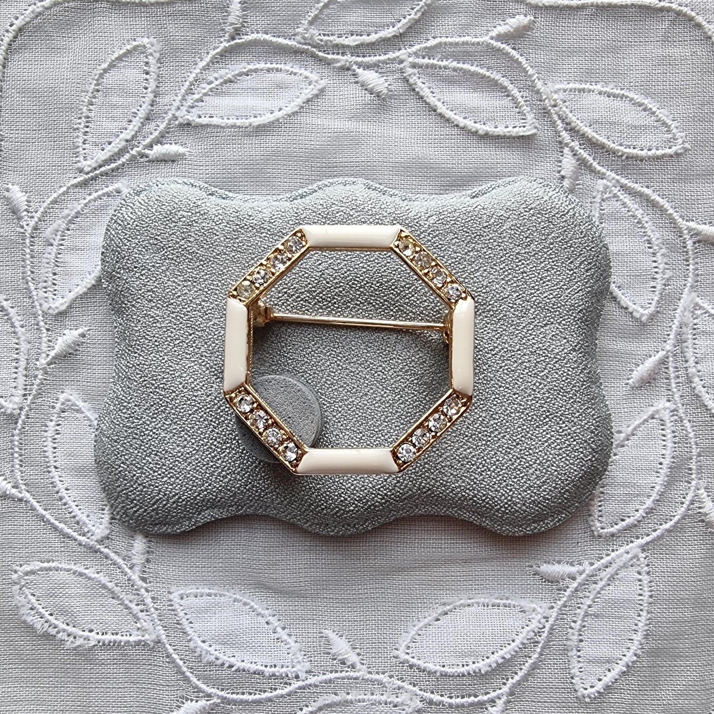 Brooch - White Enamel and Crystals Octagonal Brooch