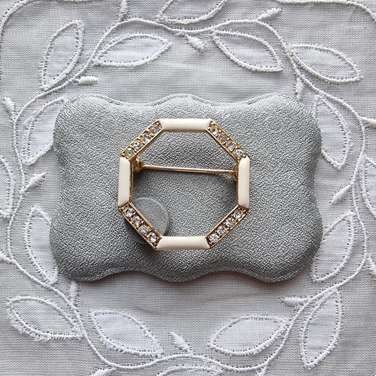 Brooch - White Enamel and Crystals Octagonal Brooch