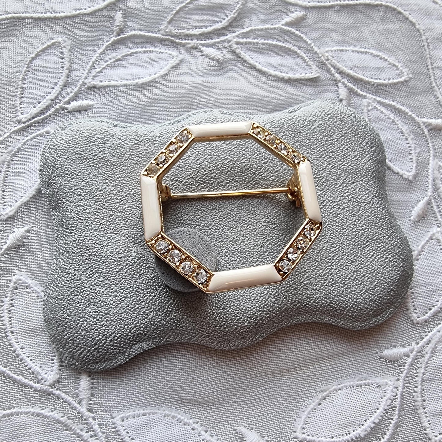 Brooch - White Enamel and Crystals Octagonal Brooch