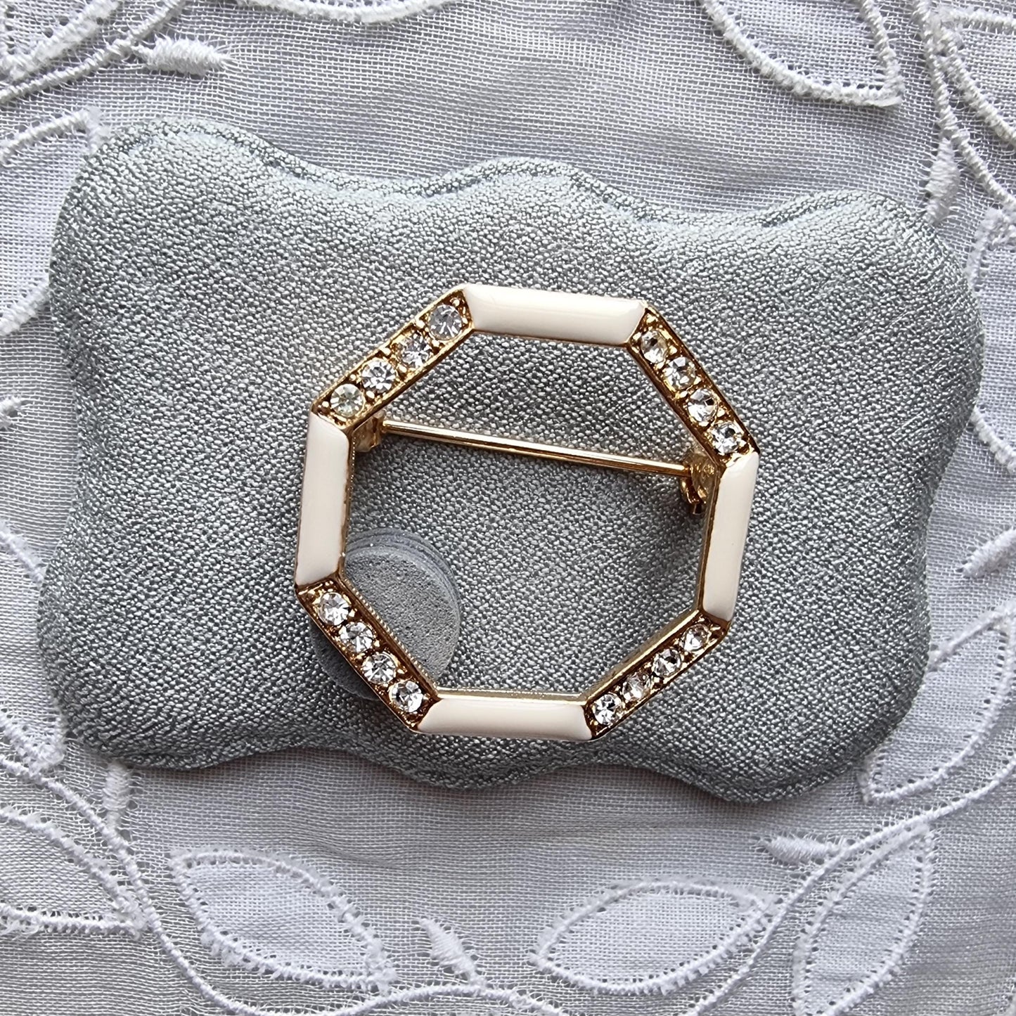 Brooch - White Enamel and Crystals Octagonal Brooch