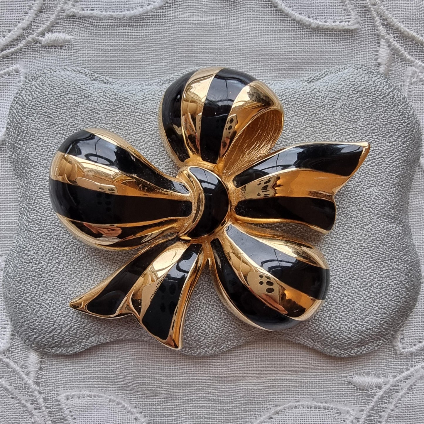 Brooch - Joan Rivers Gold and Black Enamel Bow Brooch