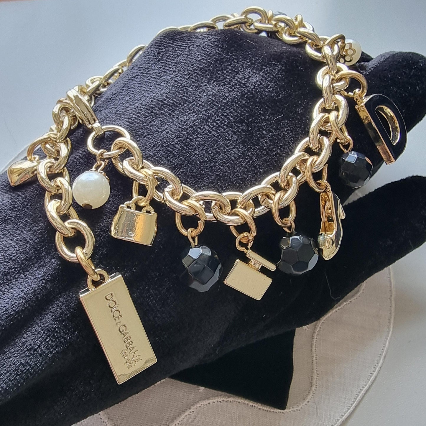 Bracelet - Dolce and Gabanna Desire Black Enamel and Pearls Charm Bracelet